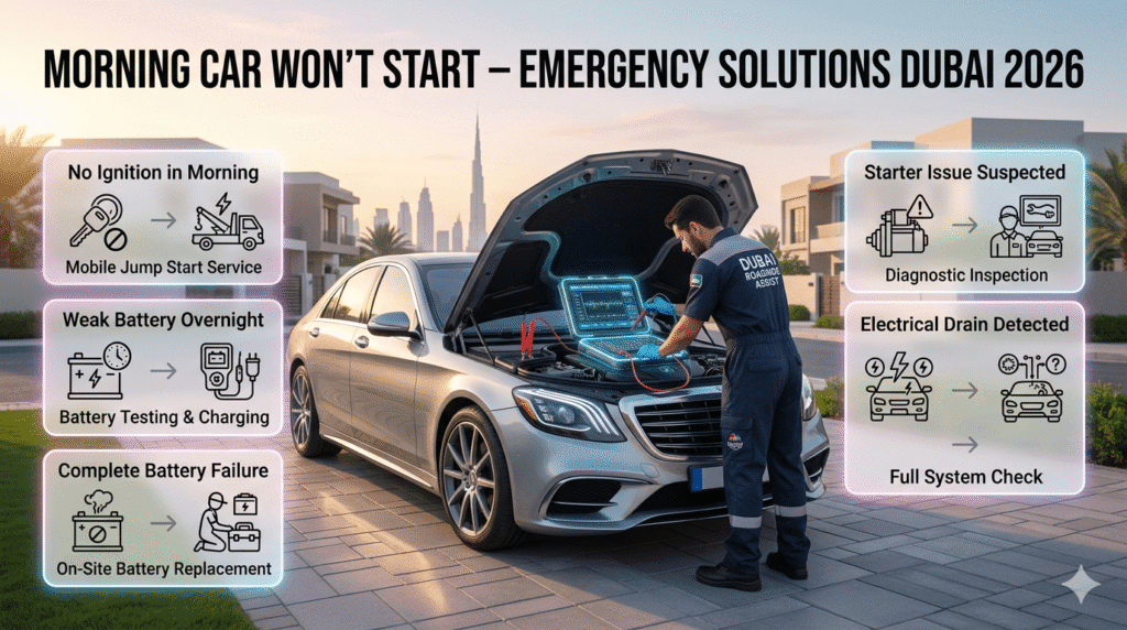 Luxury morning car breakdown in Dubai showing mobile mechanic performing jump start and battery diagnostic with infographic table of emergency solutions.