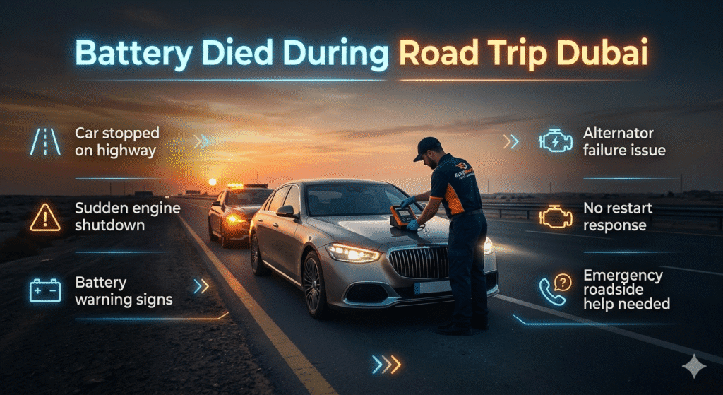 Car battery died during road trip Dubai showing highway breakdown emergency with technician jump start assistance