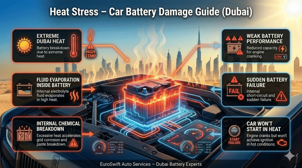 Car battery heat stress diagram showing extreme Dubai temperature causing fluid evaporation and internal battery damage leading to failure.