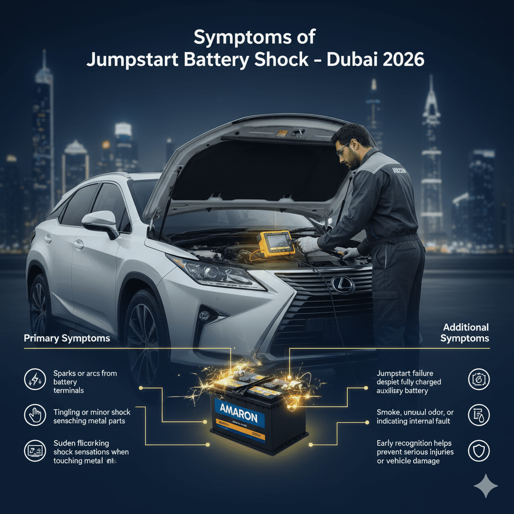 Infographic showing the main symptoms of jumpstart battery shock in Dubai, with a technician inspecting a car battery and key symptoms displayed on left and right sides.