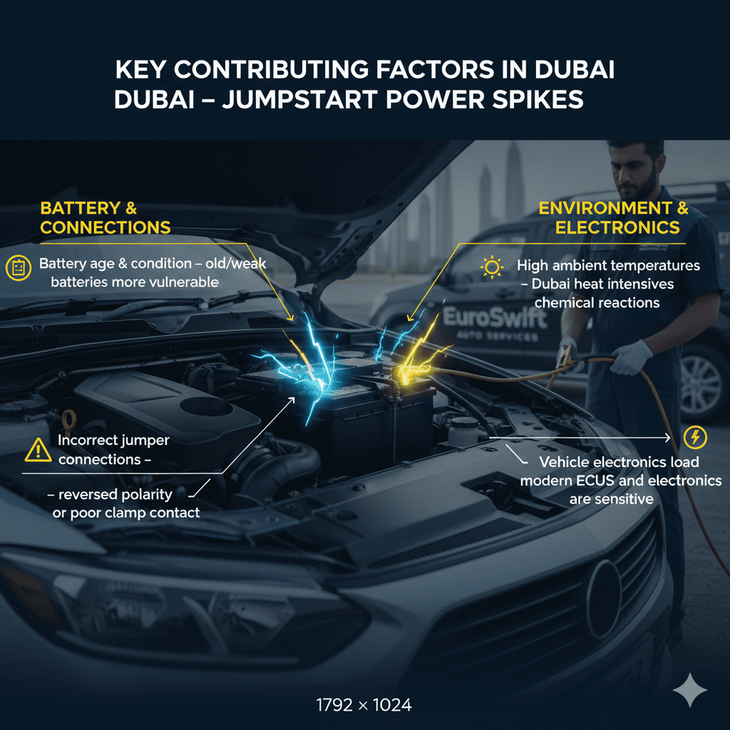 Infographic showing key contributing factors for jumpstart power spikes in Dubai, including battery age, jumper connections, high temperatures, and vehicle electronics load.