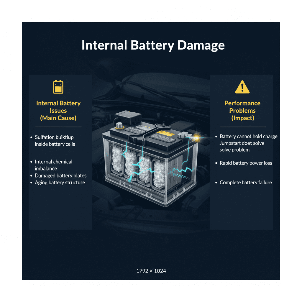 Internal Battery Damage – Car Battery Failure Guide Car battery internal damage showing sulfation and failed battery cells preventing the battery from holding or accepting charge.