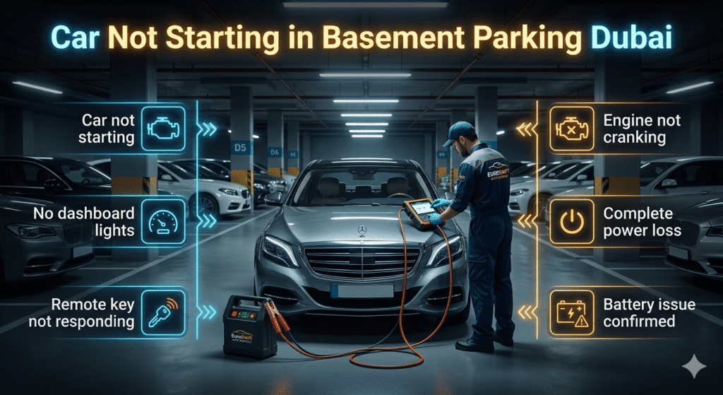 Car not starting in basement parking Dubai showing dead battery symptoms like no lights engine not cranking and complete power loss