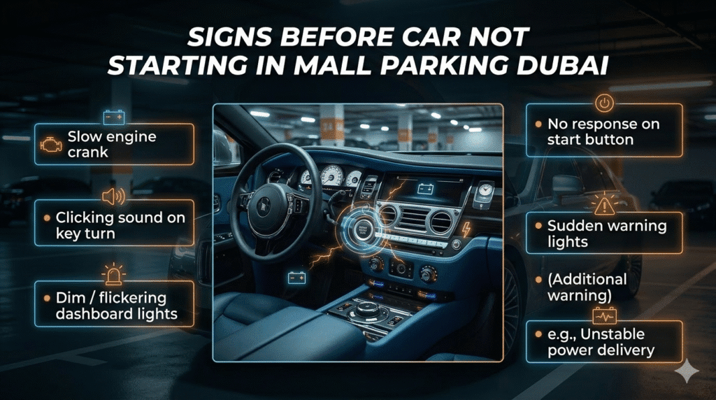 Warning signs before car not starting in mall parking Dubai including slow crank, clicking sound, and dim dashboard lights