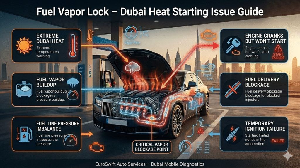 Car fuel vapor lock diagram showing heat effects in Dubai causing fuel line blockage and engine starting failure with infographic explanation.