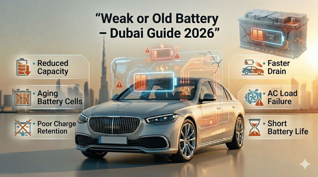 Weak or old car battery in Dubai showing reduced capacity and inability to handle AC load