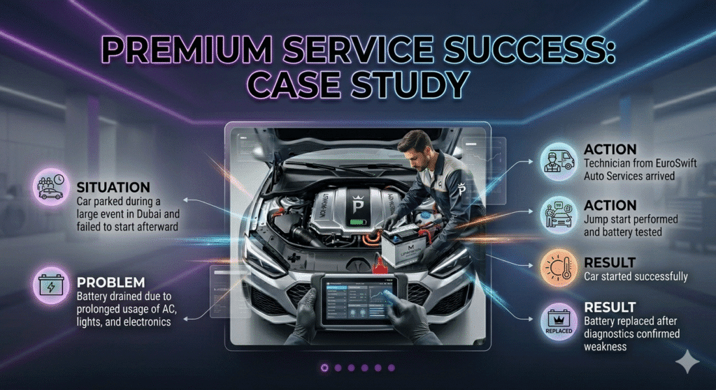 Case Study: Car Stuck After Event in Dubai User guide image showing a case study of a car stuck after an event in Dubai, with situation, problem, action, and result displayed around a premium car in the center.