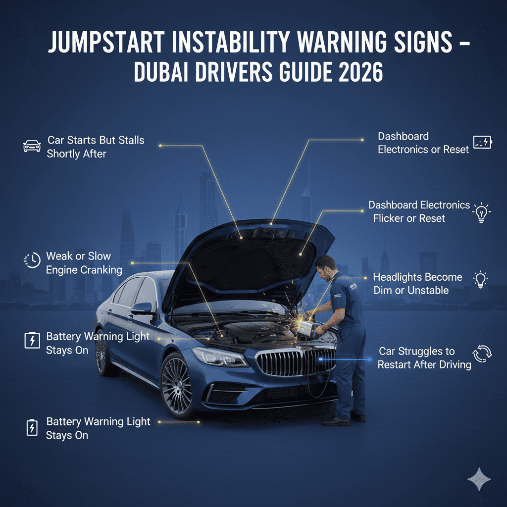 Jumpstart instability warning signs showing technician jumpstarting a car with battery issues and dashboard warning symptoms displayed around the vehicle.