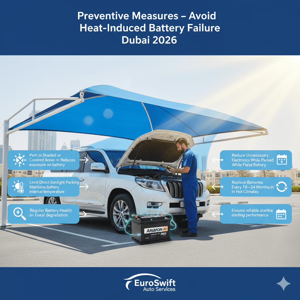 Infographic showing a Dubai car parked under shade with a healthy battery, a EuroSwift Auto Services technician inspecting, and side points detailing parking in shade, limiting sunlight, battery health checks, reducing electronics, and replacing batteries regularly.