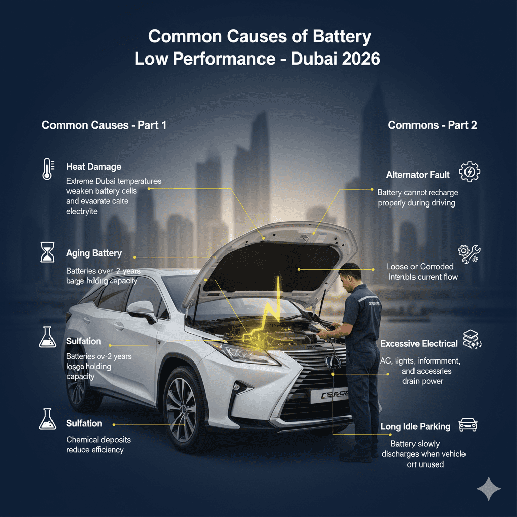Infographic showing common causes of battery low performance in Dubai, with a technician inspecting a car battery and key causes displayed on left and right sides.