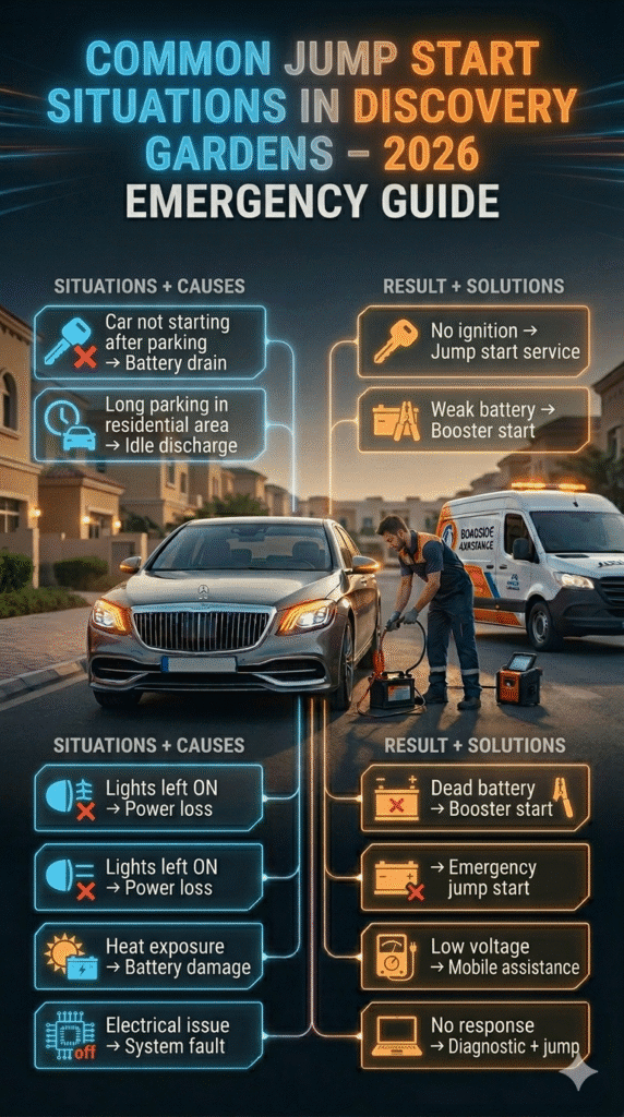 Common Jump Start Situations in Discovery Gardens โ 2026 Battery Emergency Guide Cinematic infographic showing common car jump start situations in Discovery Gardens including battery drain, idle discharge, and emergency jump start solutions.