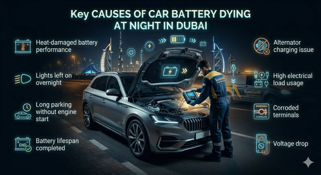 Key causes of car battery dying at night in Dubai shown with luxury car engine inspection and highlighted battery problems