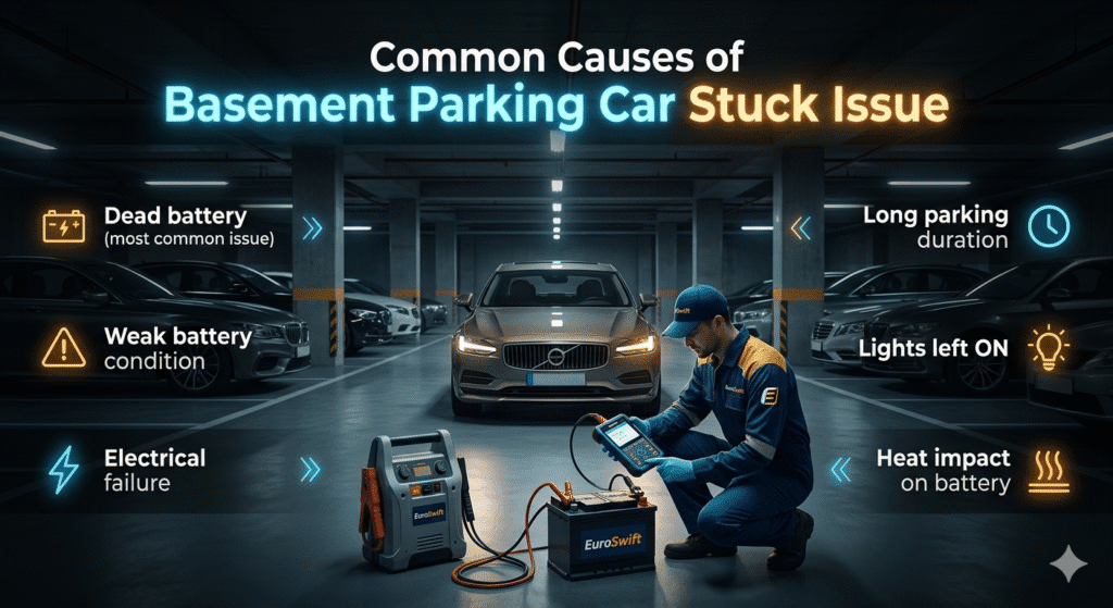 Common causes of car stuck in basement parking Dubai showing dead battery weak battery and electrical failure issues