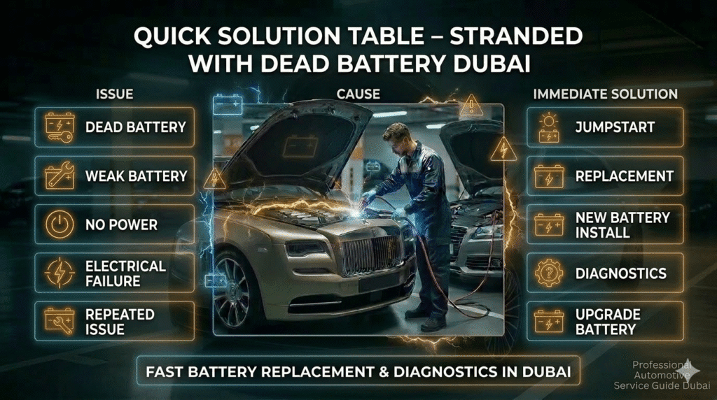 Quick solution table for stranded with dead battery Dubai showing issues, causes, and solutions