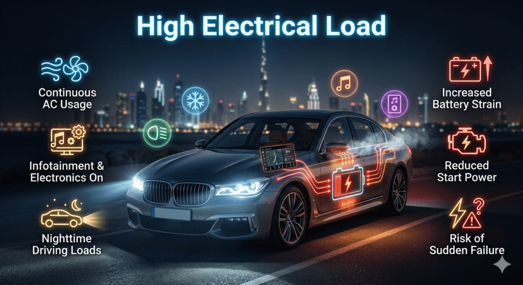 Luxury car in Dubai showing high electrical load from AC and electronics straining the battery