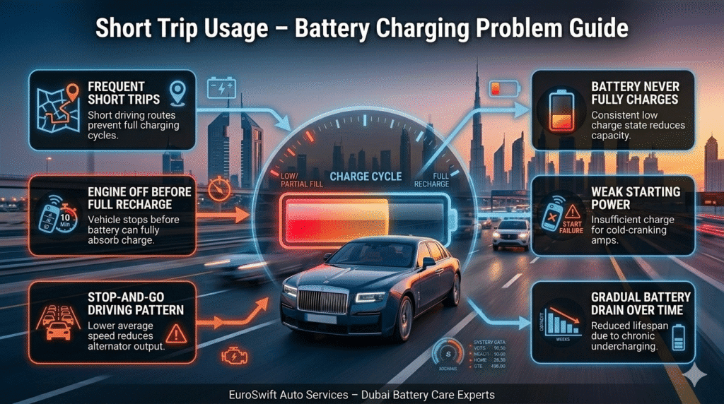 Car short trip usage diagram showing incomplete battery charging cycles due to frequent short driving in Dubai causing weak battery performance.