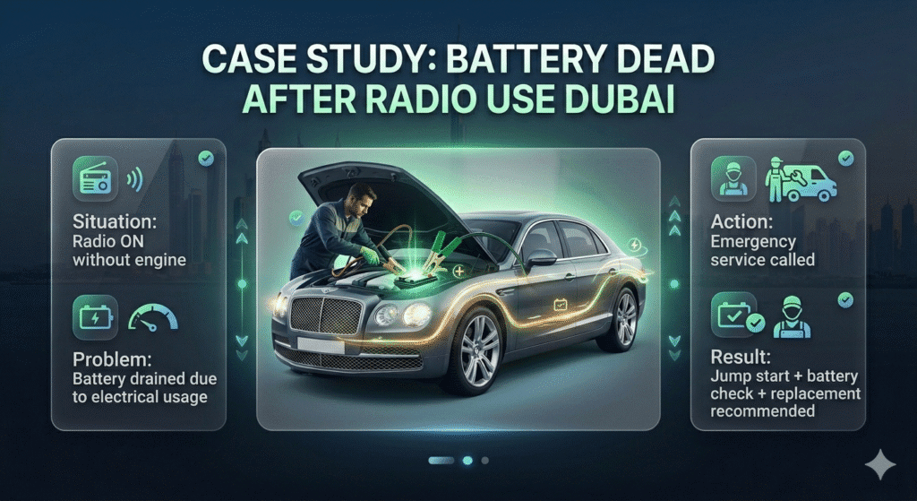 Car battery case study Dubai showing radio left on, battery drained, jump start, and replacement recommendation