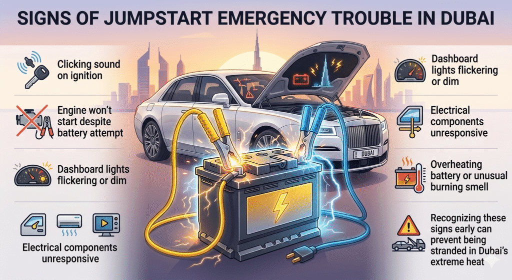 "Animated infographic showing the signs of jumpstart emergency trouble in Dubai, featuring a central car battery with dashboard warning lights, luxury branded car, and key signs displayed as bullet points on the sides."