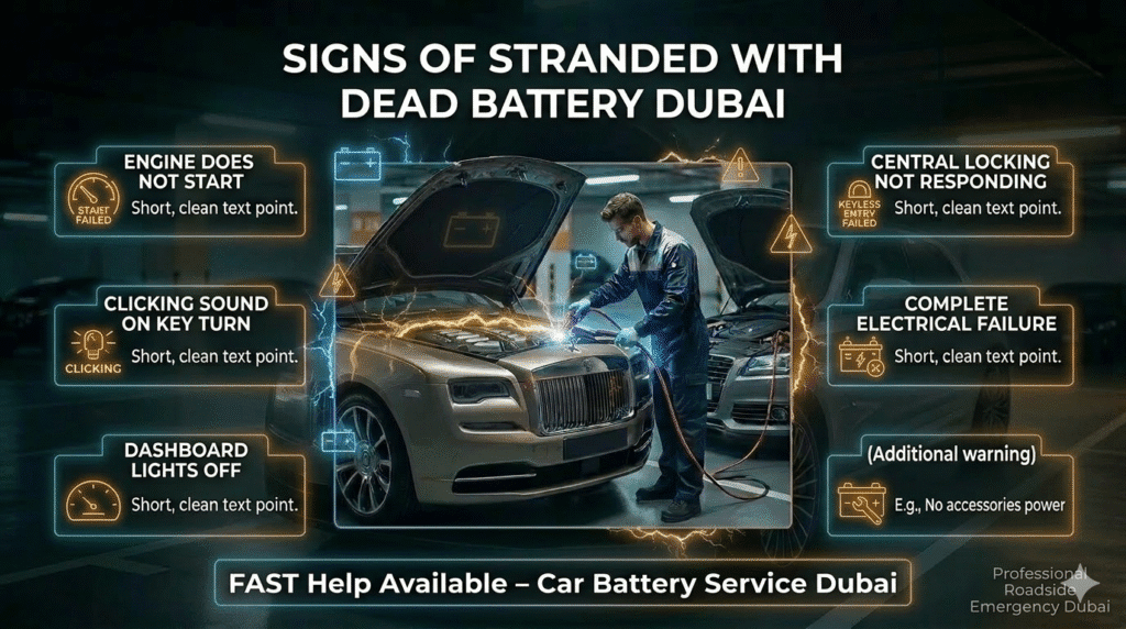 Signs of stranded with dead battery Dubai including no start, clicking sound, and complete electrical failure