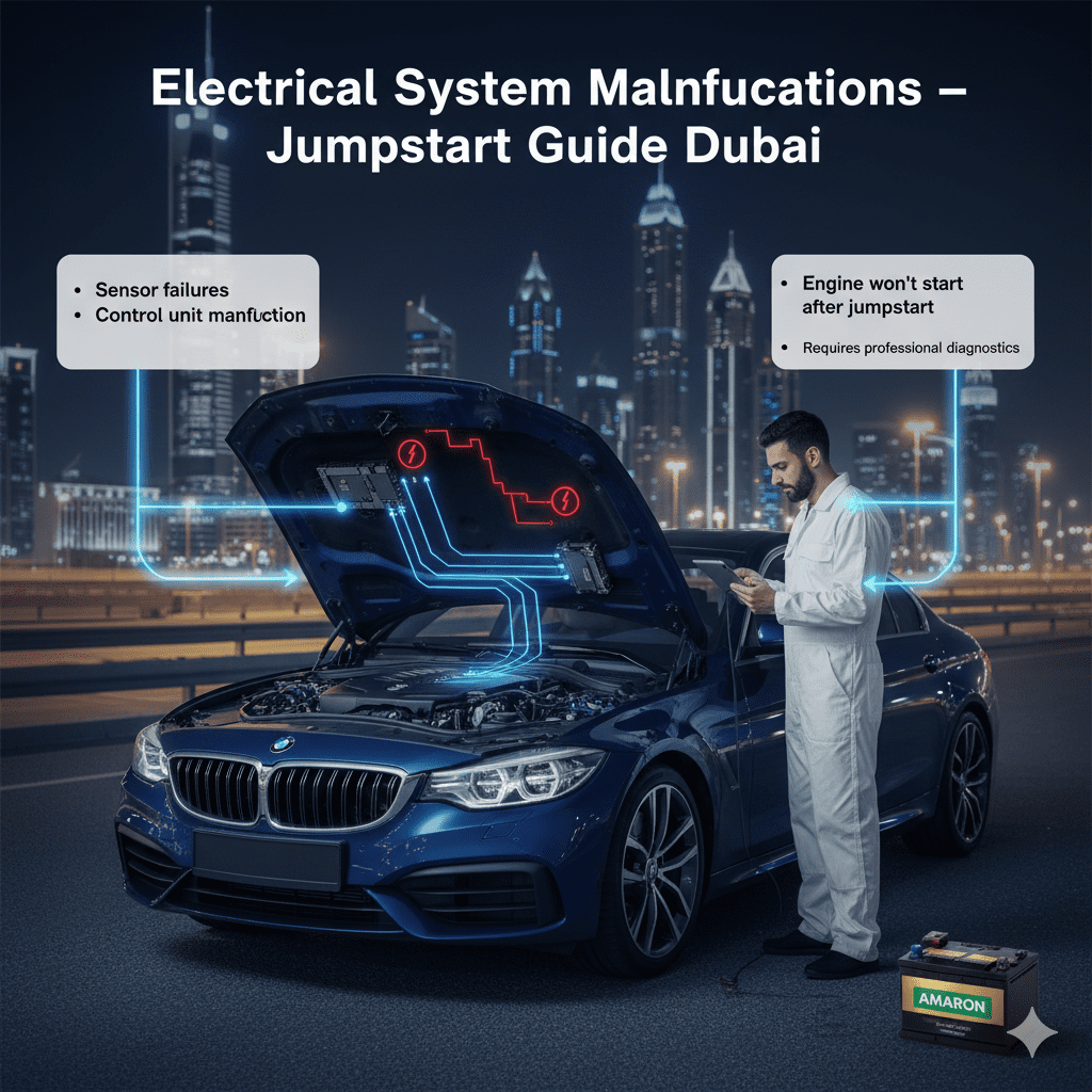 Infographic showing electrical system malfunctions in a modern car preventing engine start after jumpstart in Dubai, with premium battery replacement option.