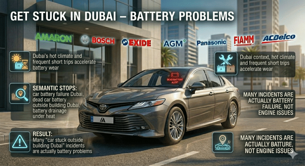 Get Stuck in Dubai – Battery Problems Illustration of a car outside a Dubai building under extreme heat with dashboard dead battery alert. Side boxes highlight key points: hot climate and short trips accelerate battery wear, semantic stops like car battery failure Dubai, dead car battery outside building Dubai, battery drainage under heat, and result that most stuck cars are battery problems. Animated premium battery brand logos in background.