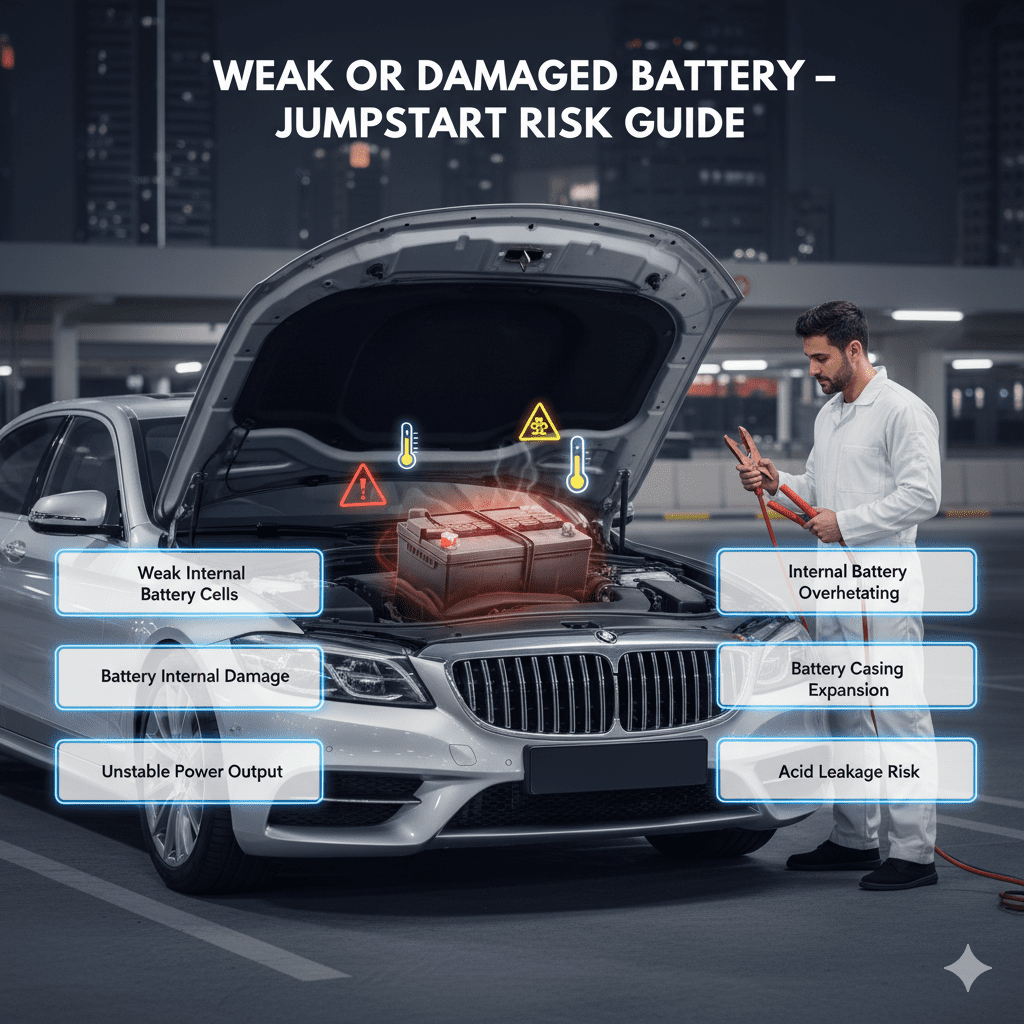 Weak or damaged car battery being jumpstarted showing overheating, casing expansion, and acid leakage risks.