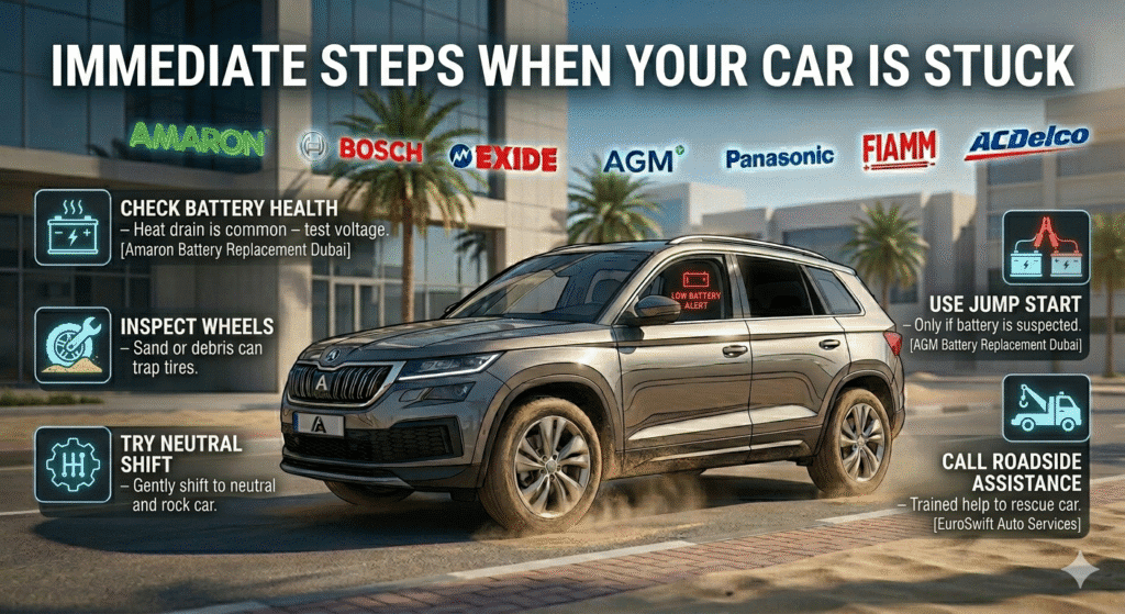 Immediate Steps When Your Car Is Stuck Illustration of a car stuck outside a building in Dubai with dashboard low battery alert and spinning wheels. Key immediate steps displayed on side boxes: check battery health, inspect wheels, try neutral shift, use jump start, call roadside assistance. Animated premium battery brand logos (Amaron, Bosch, Exide, AGM, Panasonic, FIAMM, AC Delco) in background.