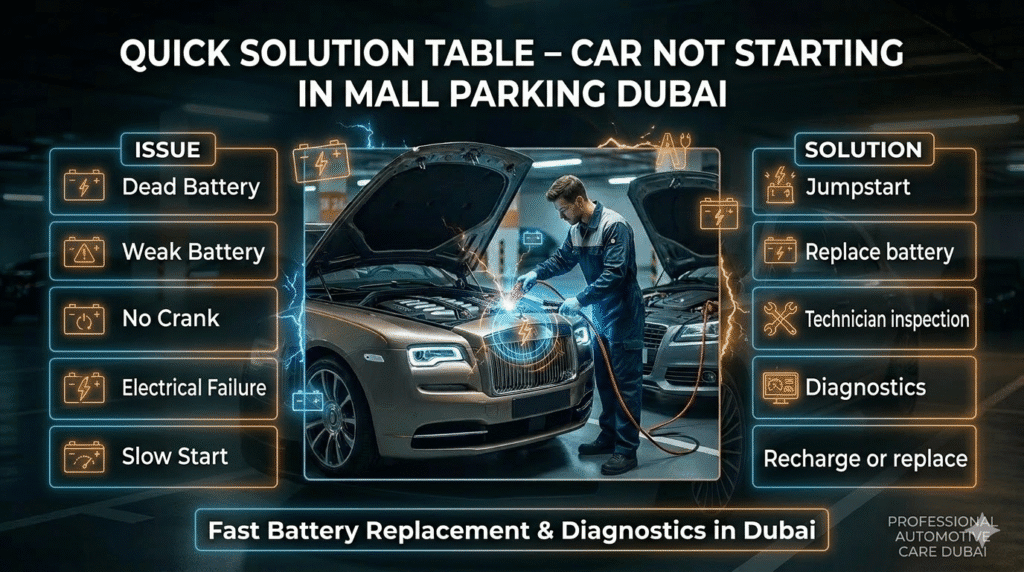 Quick solution table for car not starting in mall parking Dubai showing issues, causes, and solutions