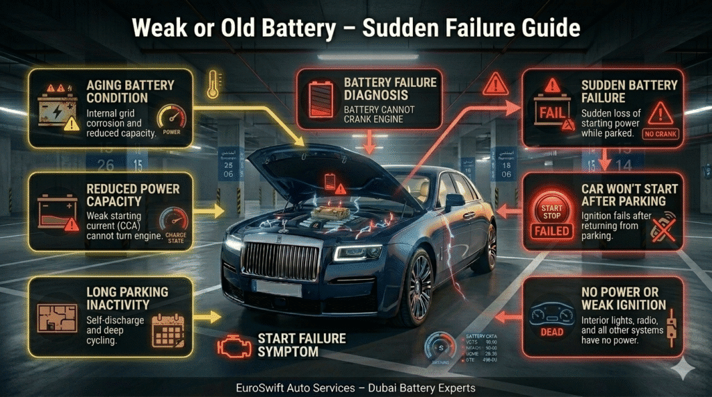 Weak old car battery in underground parking showing aging damage and sudden failure causing no start condition.