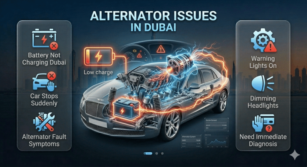 Alternator Issues in Dubai – Quick Visual Guide 2026 Alternator issue Dubai infographic showing battery not charging and car stopping suddenly