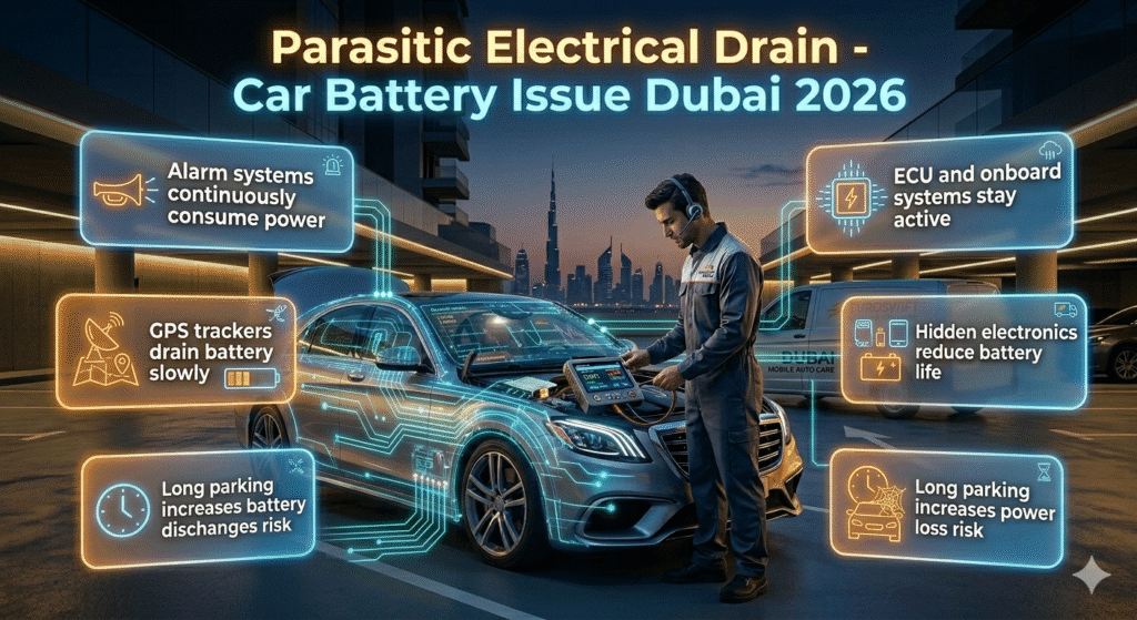 Luxury car in Dubai with a mobile mechanic diagnosing hidden electrical drain using a scanner, showing battery power loss from alarm and electronics in infographic style.