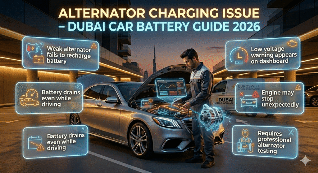 Luxury car engine bay in Dubai with a mobile mechanic diagnosing alternator charging issue using a scanner, showing weak battery charging system in infographic style.
