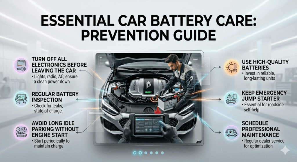 Prevention Tips for Car Stuck After Event in Dubai User guide image showing prevention tips for car battery issues with a premium car in the center and key tips displayed on both sides in a modern infographic style.