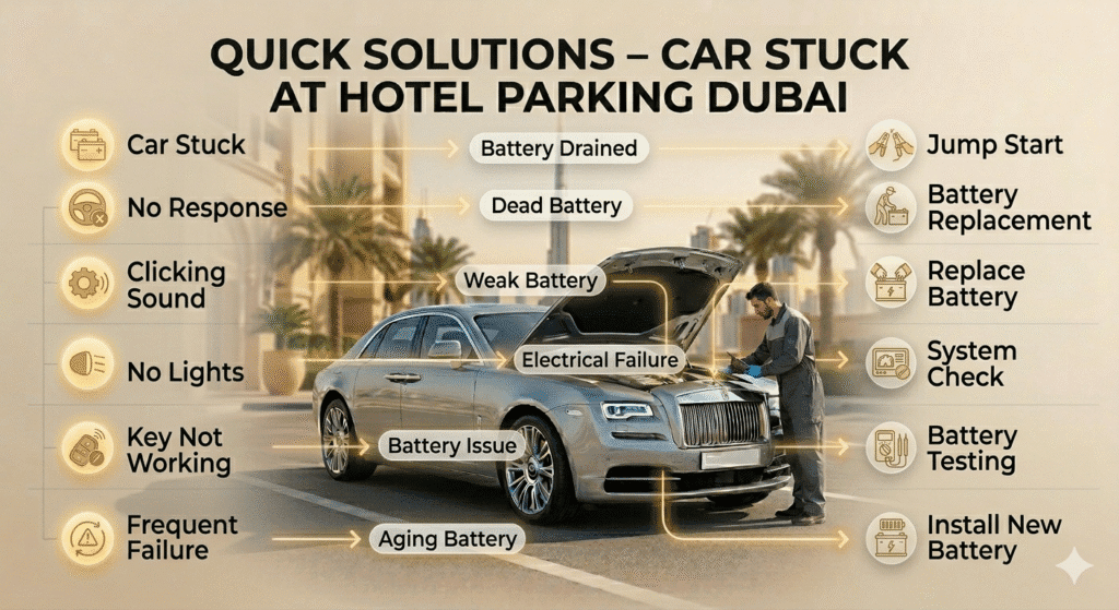 Quick Solutions โ Car Stuck at Hotel Parking Dubai Quick solutions for car stuck at hotel parking Dubai including battery issues and fixes
