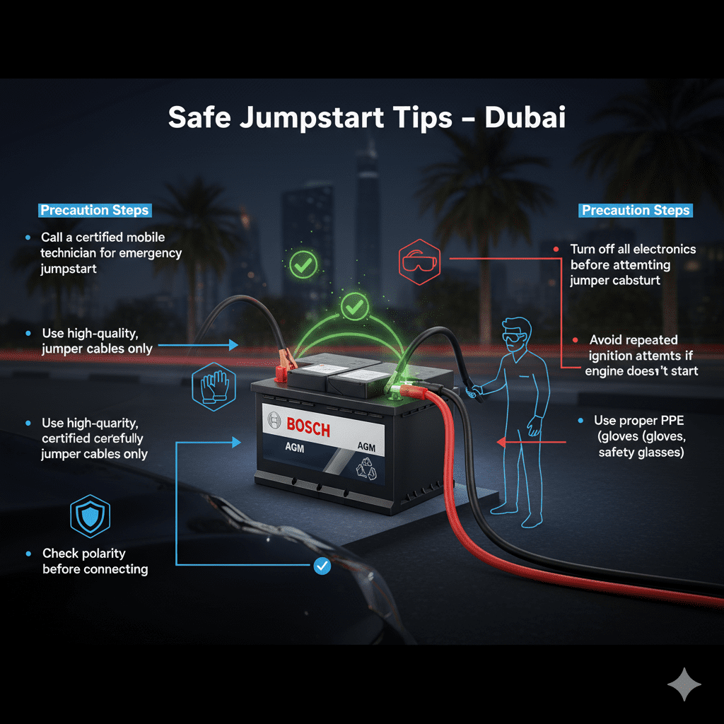 Infographic showing safe jumpstart tips in Dubai, with a central battery, correctly connected jumper cables, and side bullet points highlighting certified technician, proper PPE, and safety precautions.