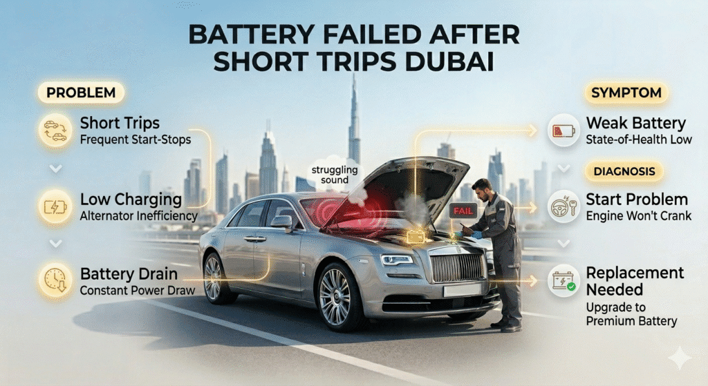 Battery failed after short trips Dubai causing car starting issues and battery drain