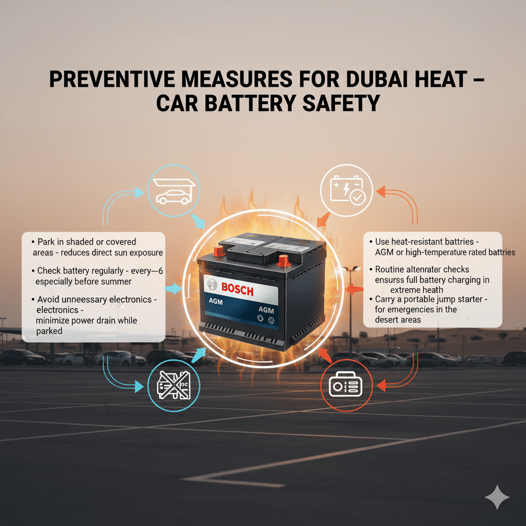 Infographic showing preventive measures for car battery drain in Dubai heat with central battery and side bullet points including shaded parking, regular checks, and heat-resistant batteries.