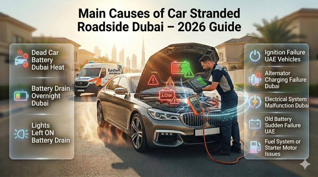main causes of car stranded roadside Dubai showing battery failure and mechanical breakdown reasons