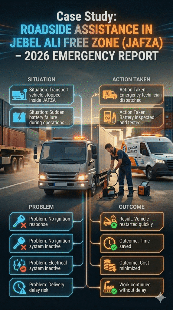 Cinematic infographic showing roadside assistance case study in JAFZA with transport vehicle breakdown, mobile mechanic response, jump start process, and successful recovery.