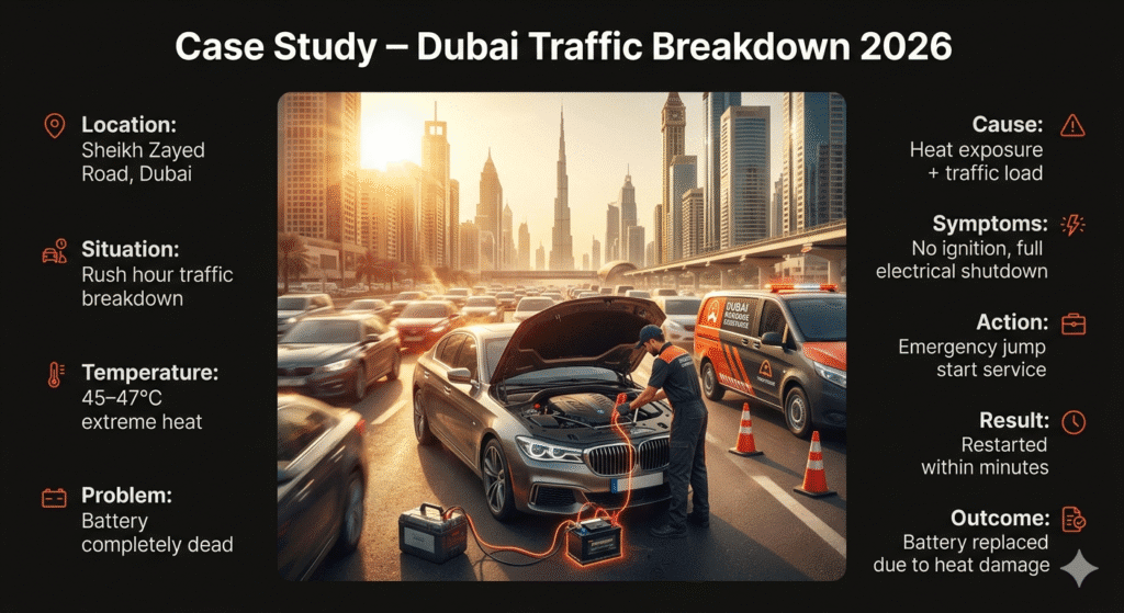 Infographic showing a luxury car breakdown on Sheikh Zayed Road in Dubai with technician performing jump start and case study details displayed around the image.