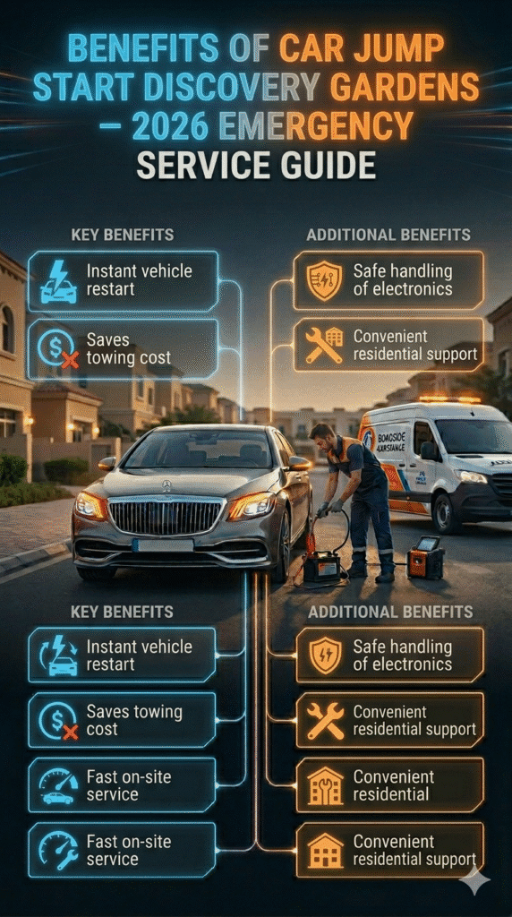Benefits of Car Jump Start Discovery Gardens โ 2026 Emergency Battery Support Guide Cinematic infographic showing benefits of car jump start service in Discovery Gardens including instant restart, fast response, and safe mobile assistance.