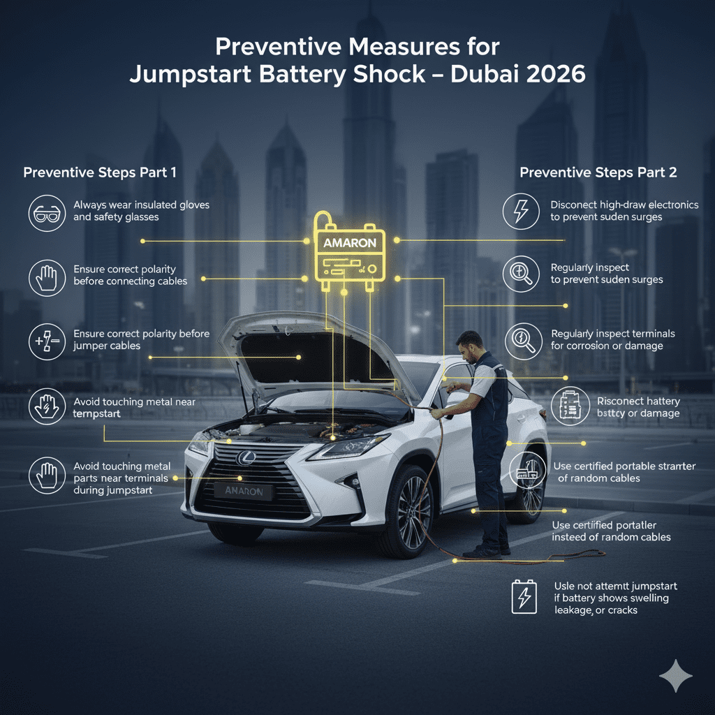 Infographic showing preventive measures for jumpstart battery shock in Dubai, with a technician safely handling a car battery and key steps displayed on left and right sides.