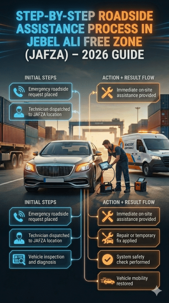 Cinematic infographic showing step-by-step roadside assistance process in JAFZA including request, technician dispatch, vehicle diagnosis, repair, and mobility restoration.
