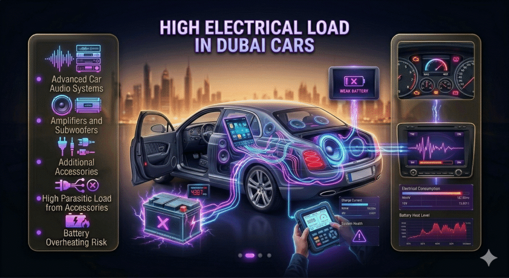 Car battery high electrical load Dubai infographic showing amplifiers, subwoofers, and accessories draining battery