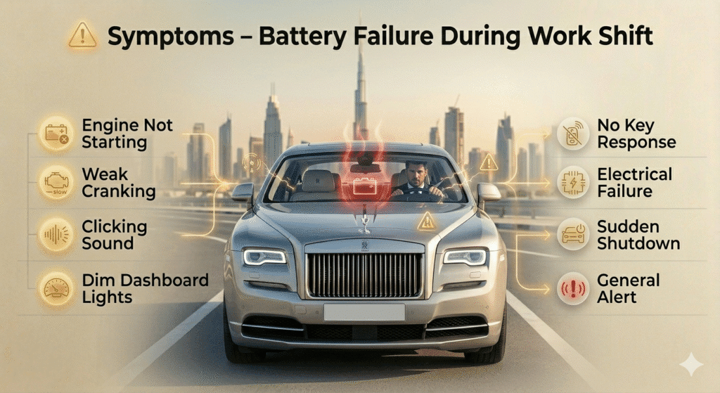 ๐จ Symptoms โ Battery Failure During Work Shift Infographic showing symptoms of car battery failure such as engine not starting, clicking sound, dim lights, and electrical issues