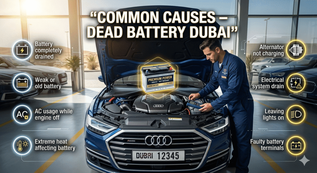 Common causes of dead car battery in Dubai including heat, alternator, and electrical issues