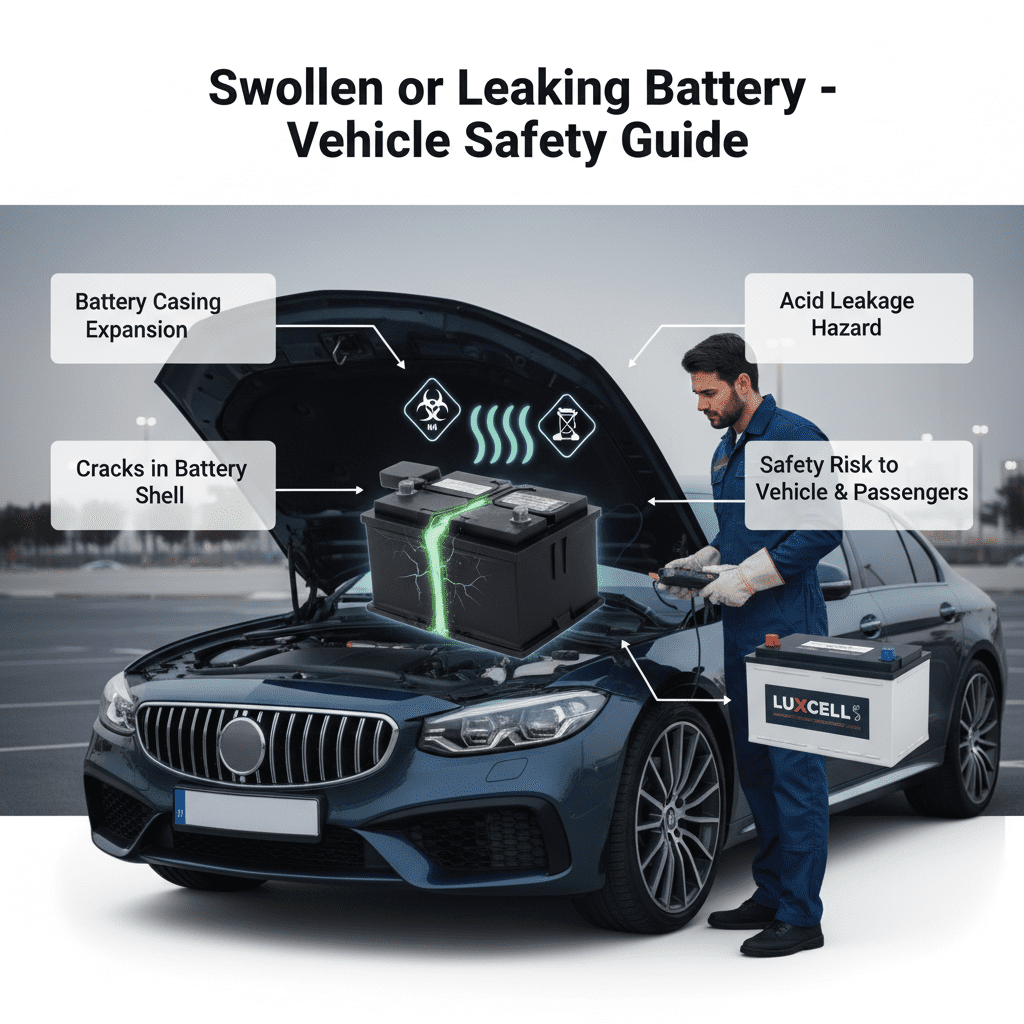 Swollen or Leaking Battery β Vehicle Safety Guide Swollen or leaking car battery infographic showing casing expansion, cracks, acid leak, and safety hazard with premium brand illustration.