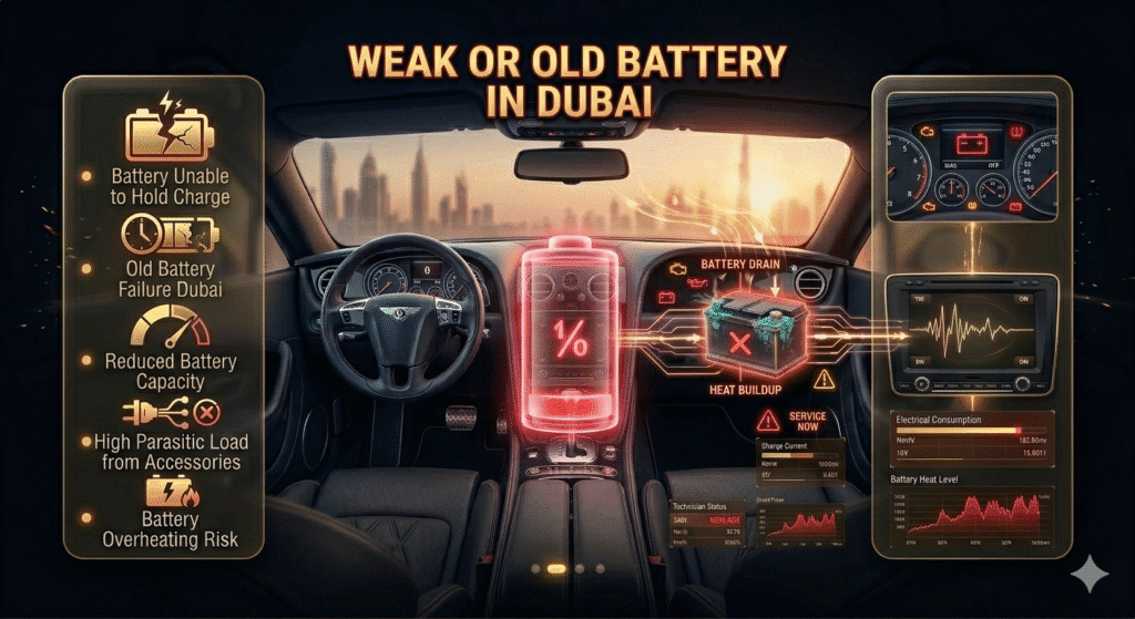 Weak car battery Dubai infographic showing reduced capacity, old battery failure, and inability to hold charge