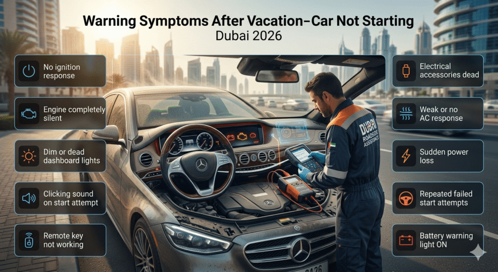 Infographic showing luxury car dashboard failure in Dubai heat with warning symptoms of car not starting after vacation displayed on sides.
