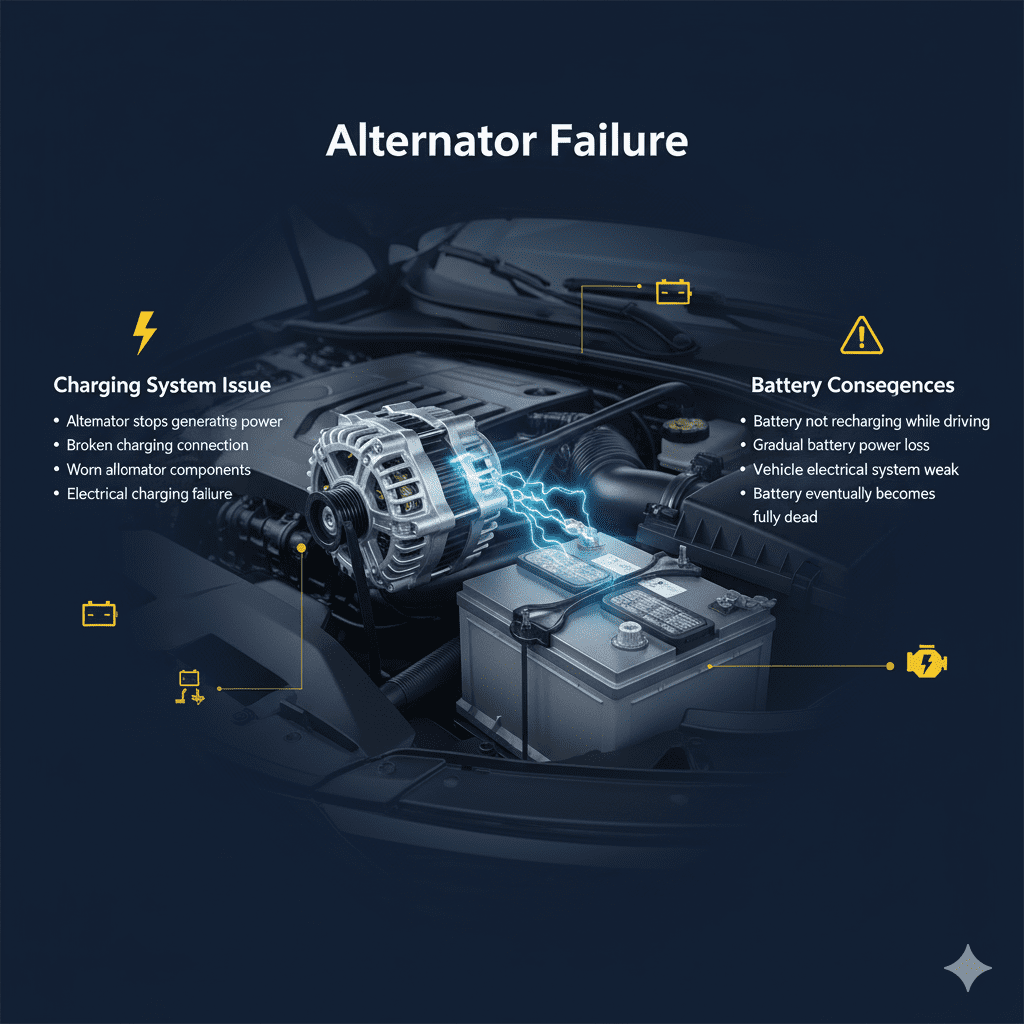 Alternator Failure – Car Battery Charging System Guide Car alternator failure causing battery charging problem and leading to a completely drained vehicle battery.